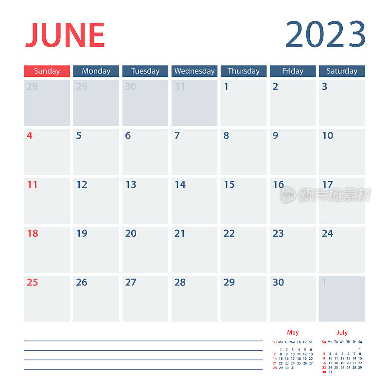 2023 June Calendar Planner Vector Template。一周从周日开始